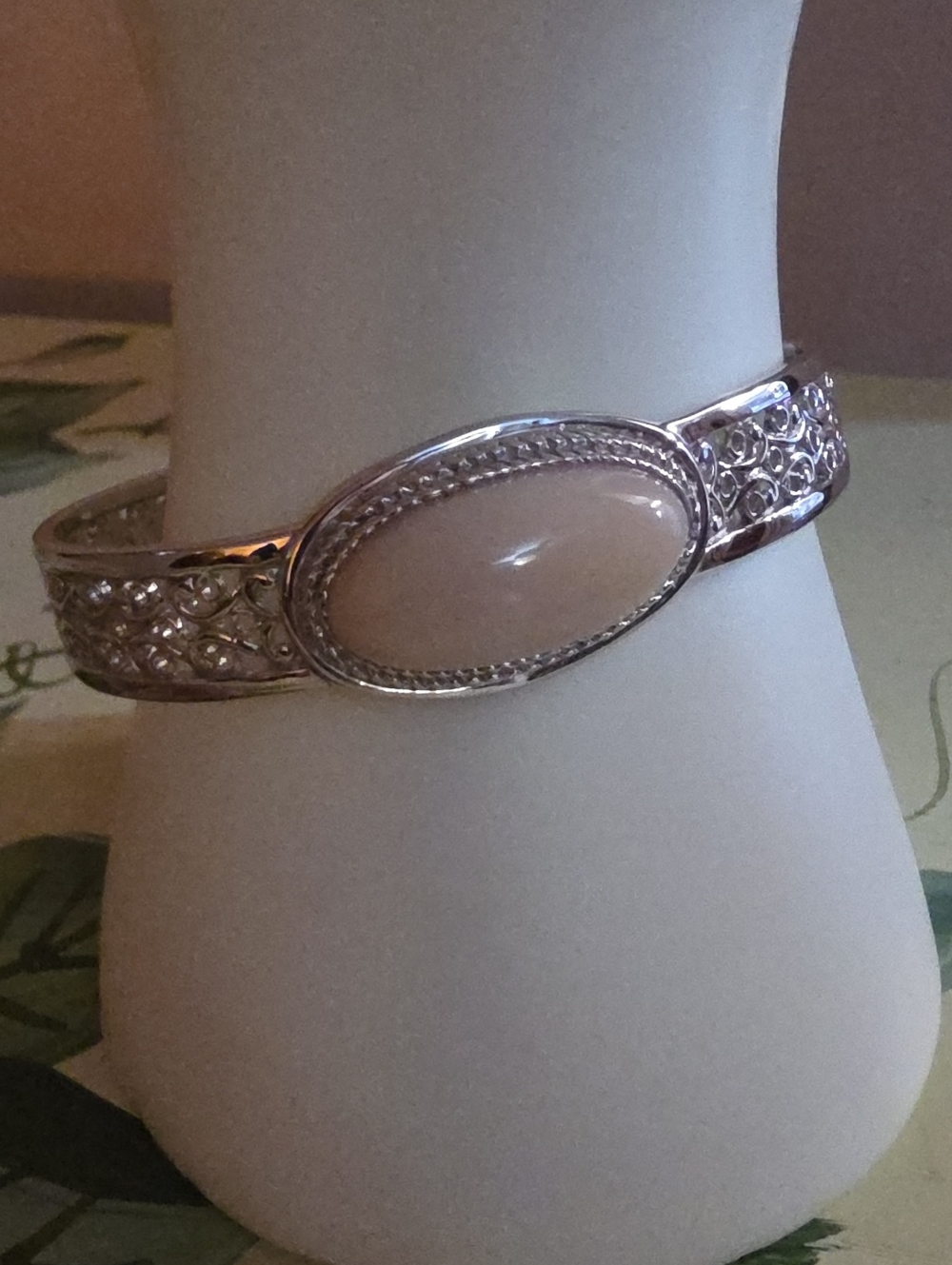 JTV Cabochon Peruvian Pink Opal Silver Cuff Bracelet